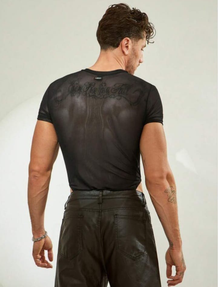 Men's Mesh See-Through Black & White Patchwork Bodysuit